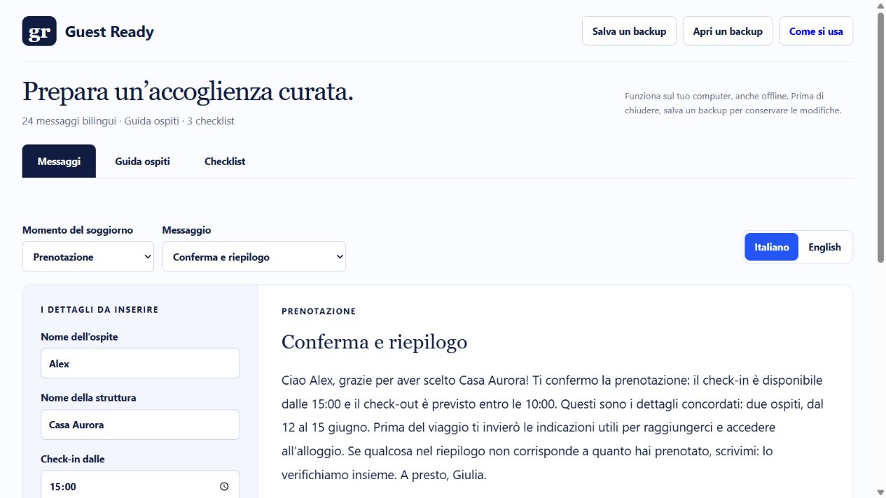 Anteprima reale del kit Guest Ready: campi personalizzabili e messaggio di conferma della prenotazione.